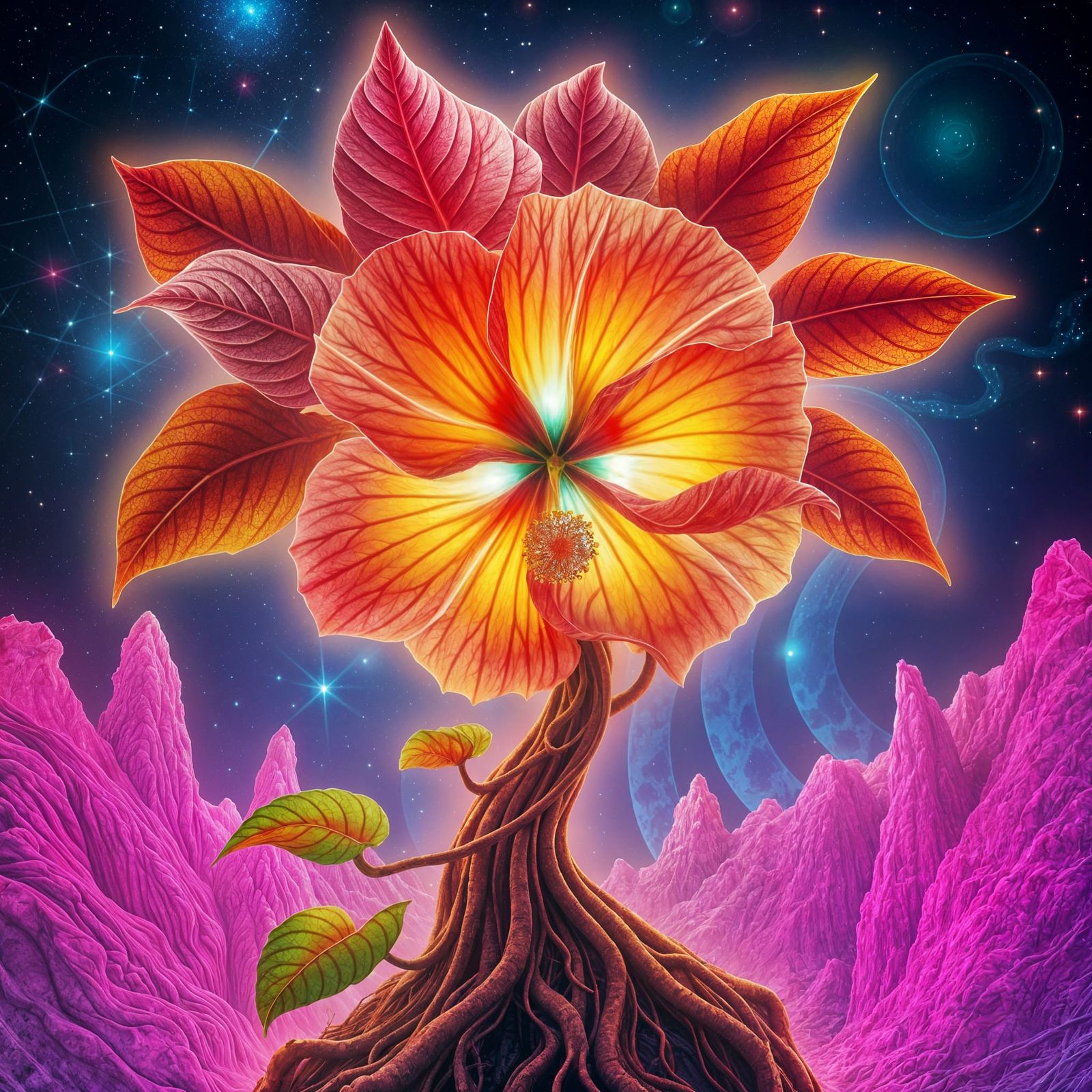 Bioluminescent Hibiscus Radiates in Synthwave Night Sky