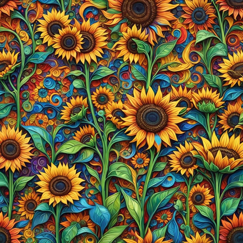 Rainbow Sunflower Field Impasto Painting