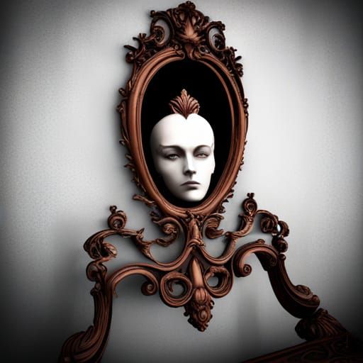 Narcissist Confronts Monstrous Reflection in Ornate Mirror