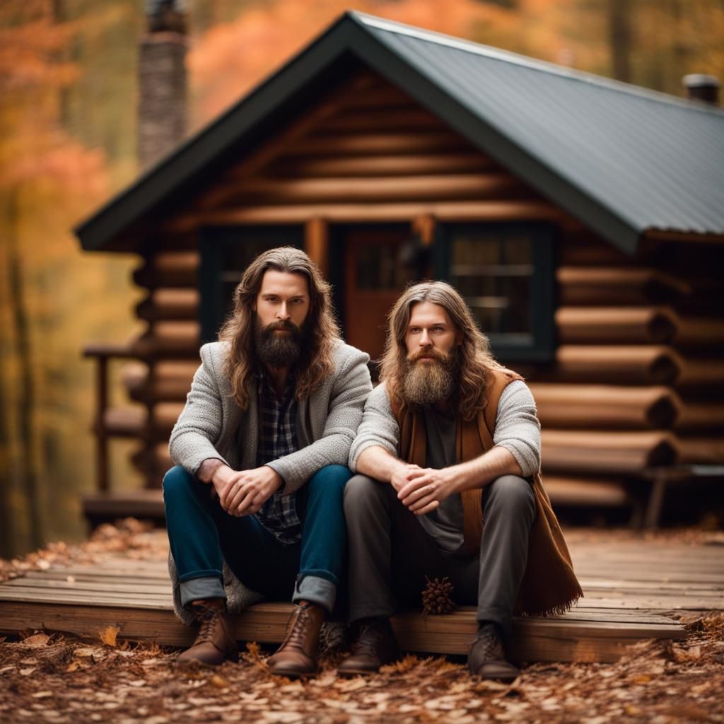 Cozy Cabin Scene with Two Lovers in Autumn