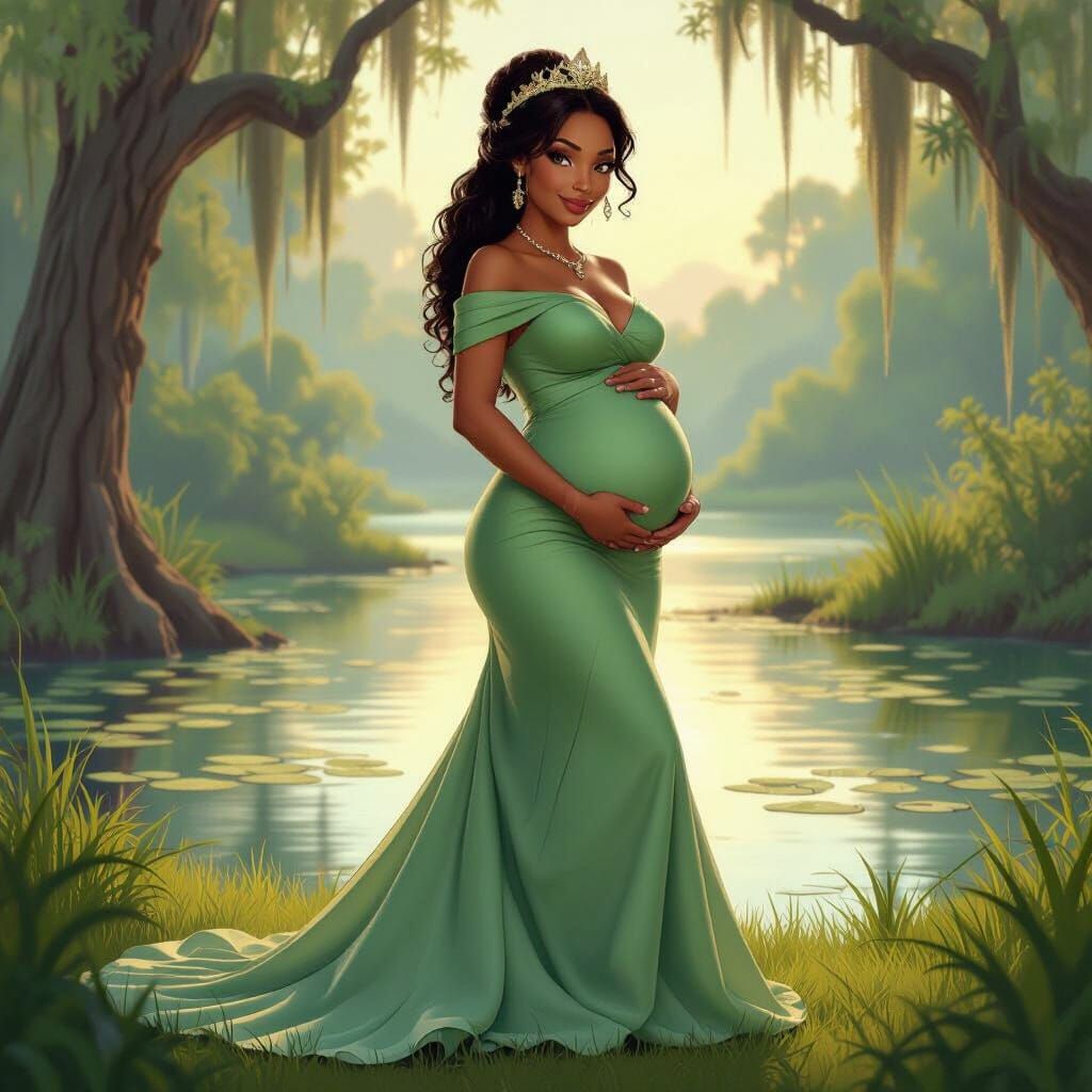 Pregnant Princess Tiana in Lush Bayou Landscape