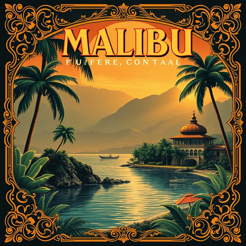 Vintage Travel Poster for Malibu or Bali in Art Deco Style