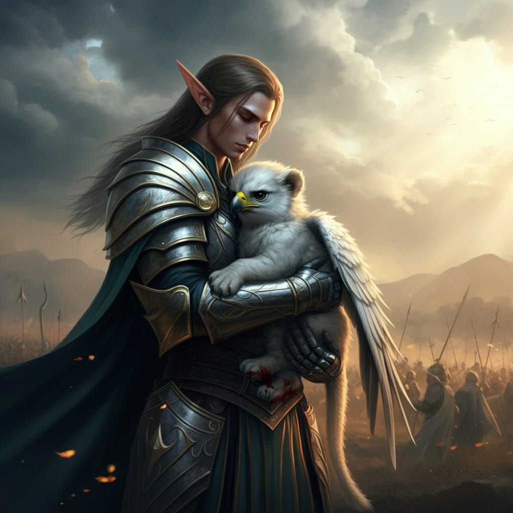 Half-Elf Paladin Cradles Griffin in Fantasy Artwork