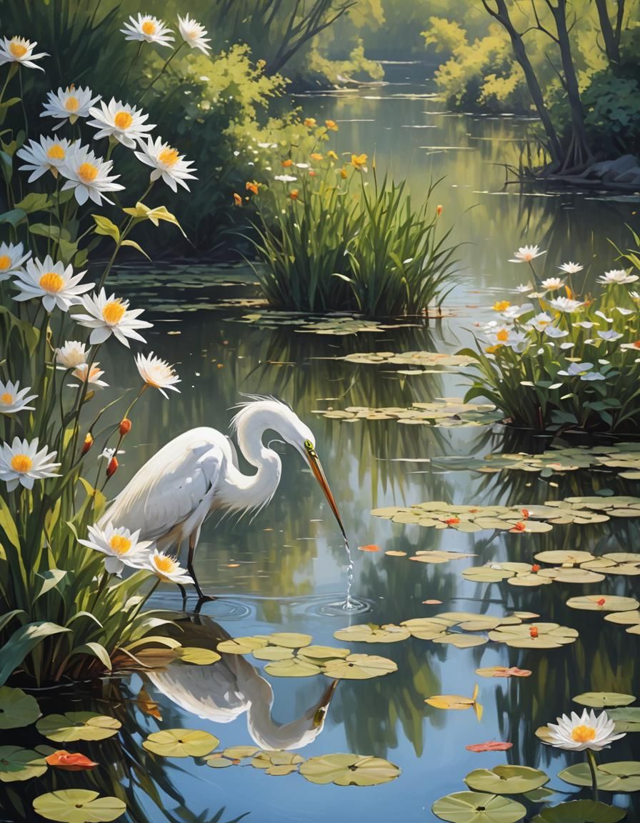 Heron Fishing in Lake: Tachisme Brushwork