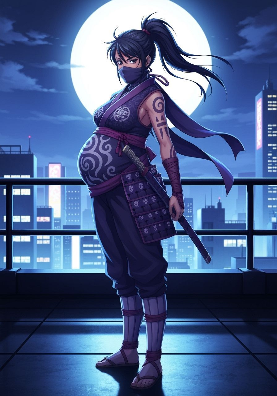 Pregnant Ninja on Rooftop Overlooking Futuristic City