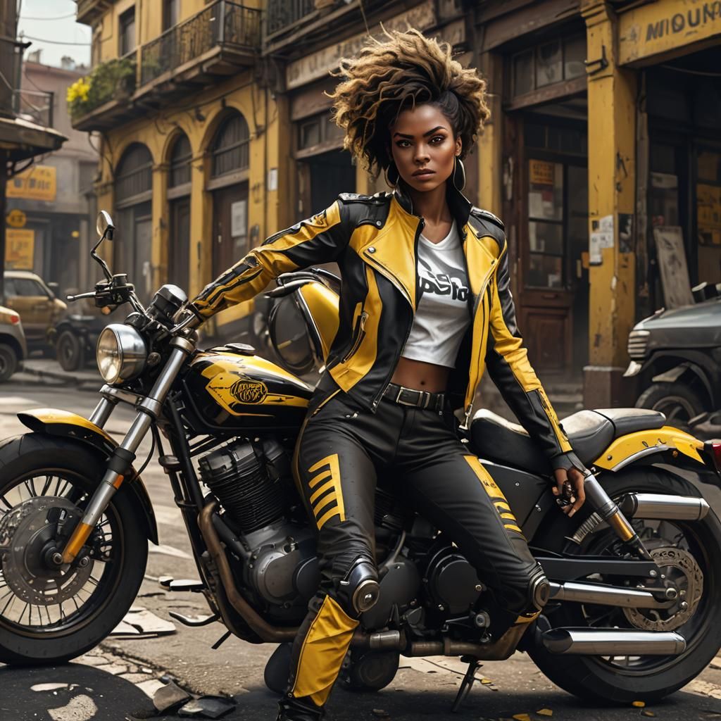 Woman in Racing Jacket Beside Motorcycle, Detailed Matte Pai...