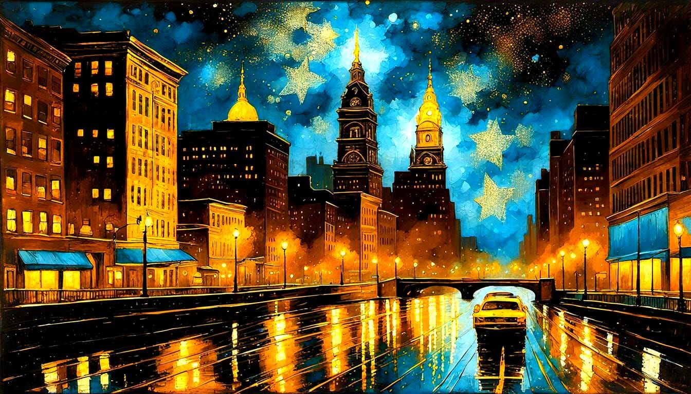 Philadelphia Cityscape in Gold Foil Impasto Style