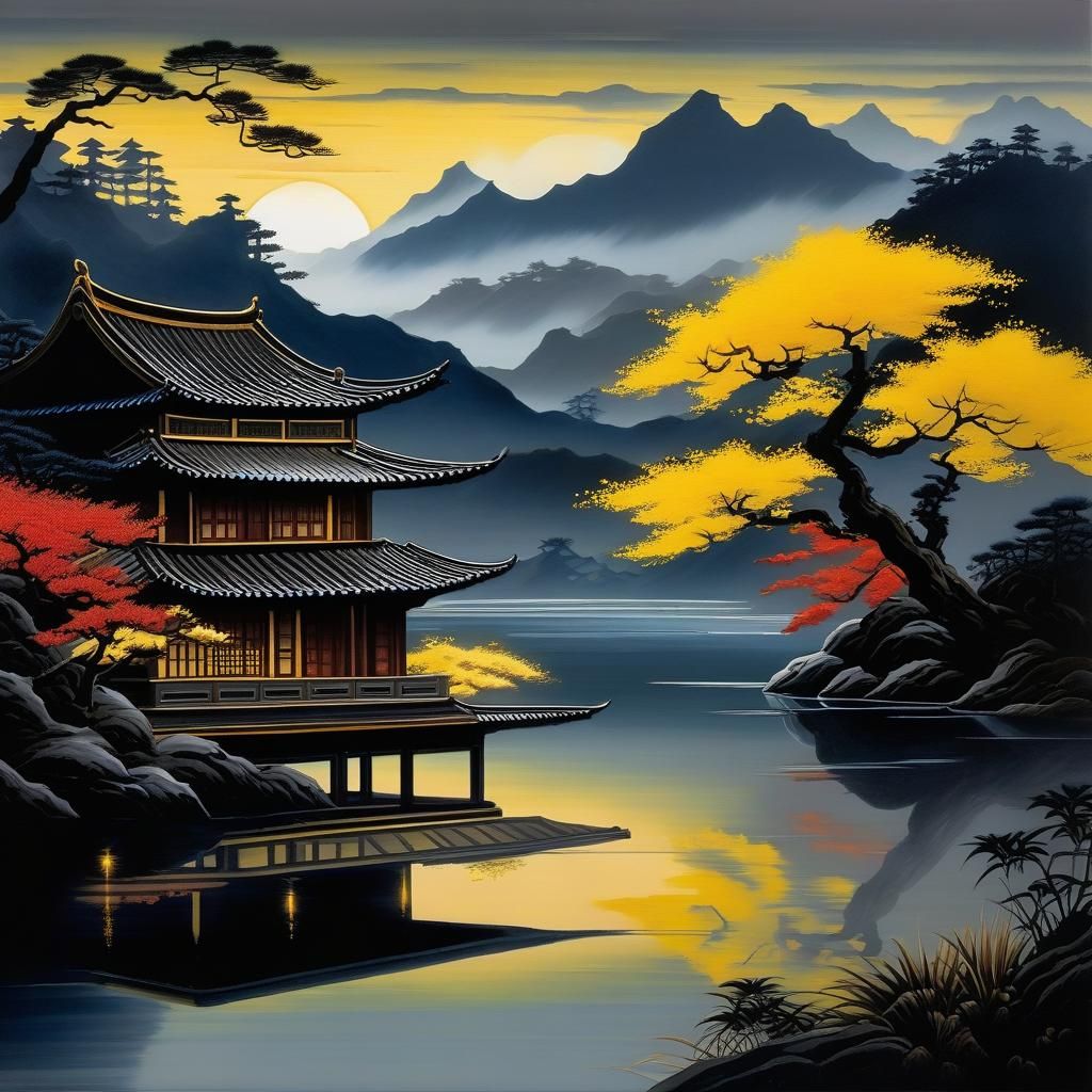 Mysterious Oriental House on Misty Lake, Watercolor