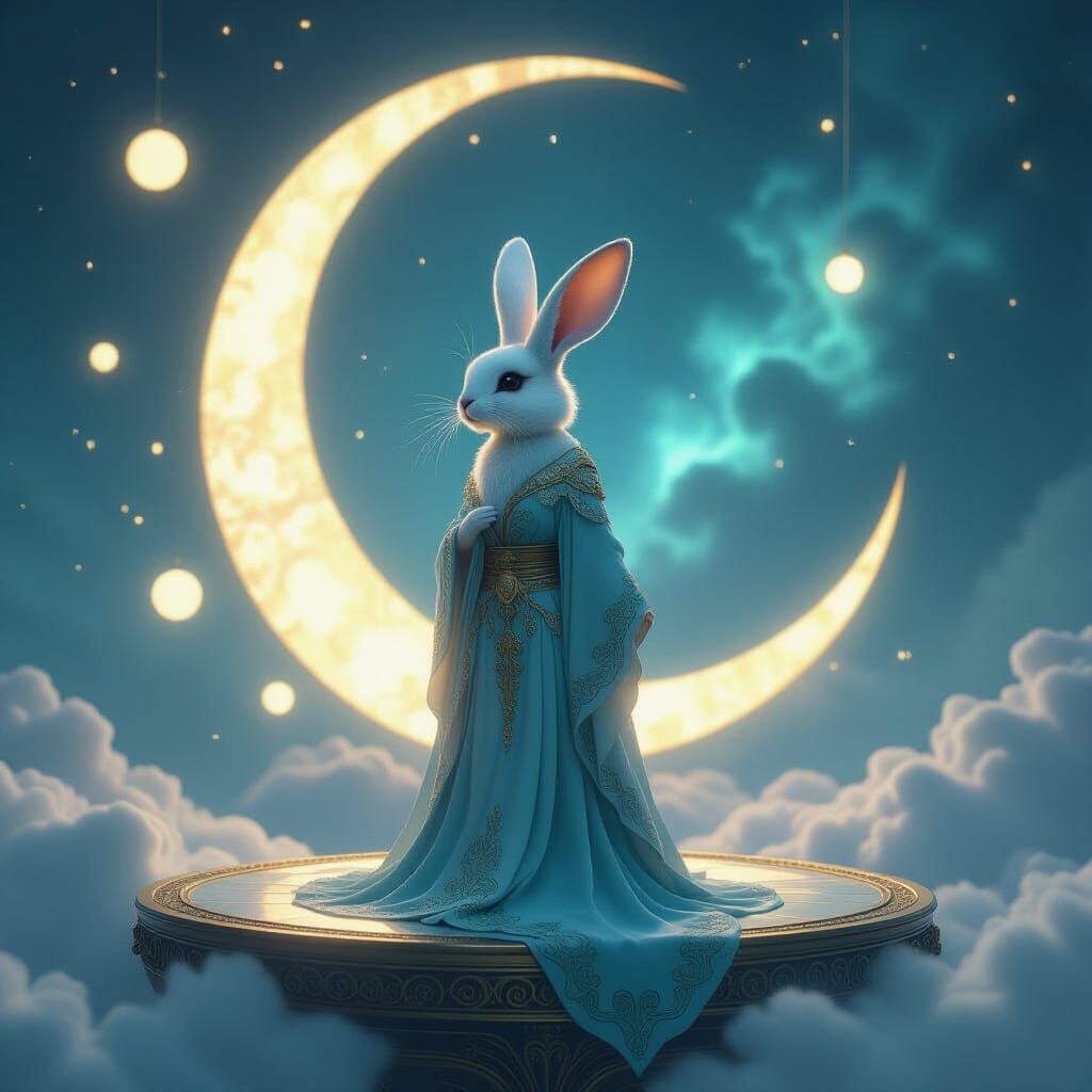 Jade Rabbit on Celestial Platform in Baroque & Art Nouveau S...