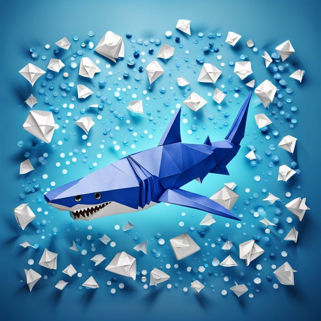 Origami Great White Shark in Water Bubbles
