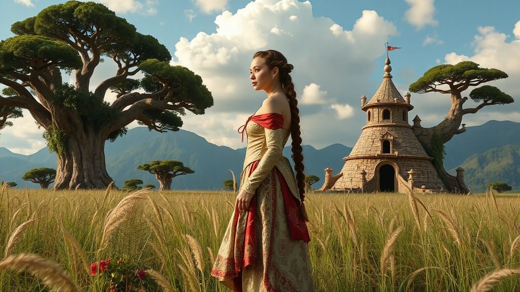 Woman in a Fantastical Landscape, Hyper-Realistic Style