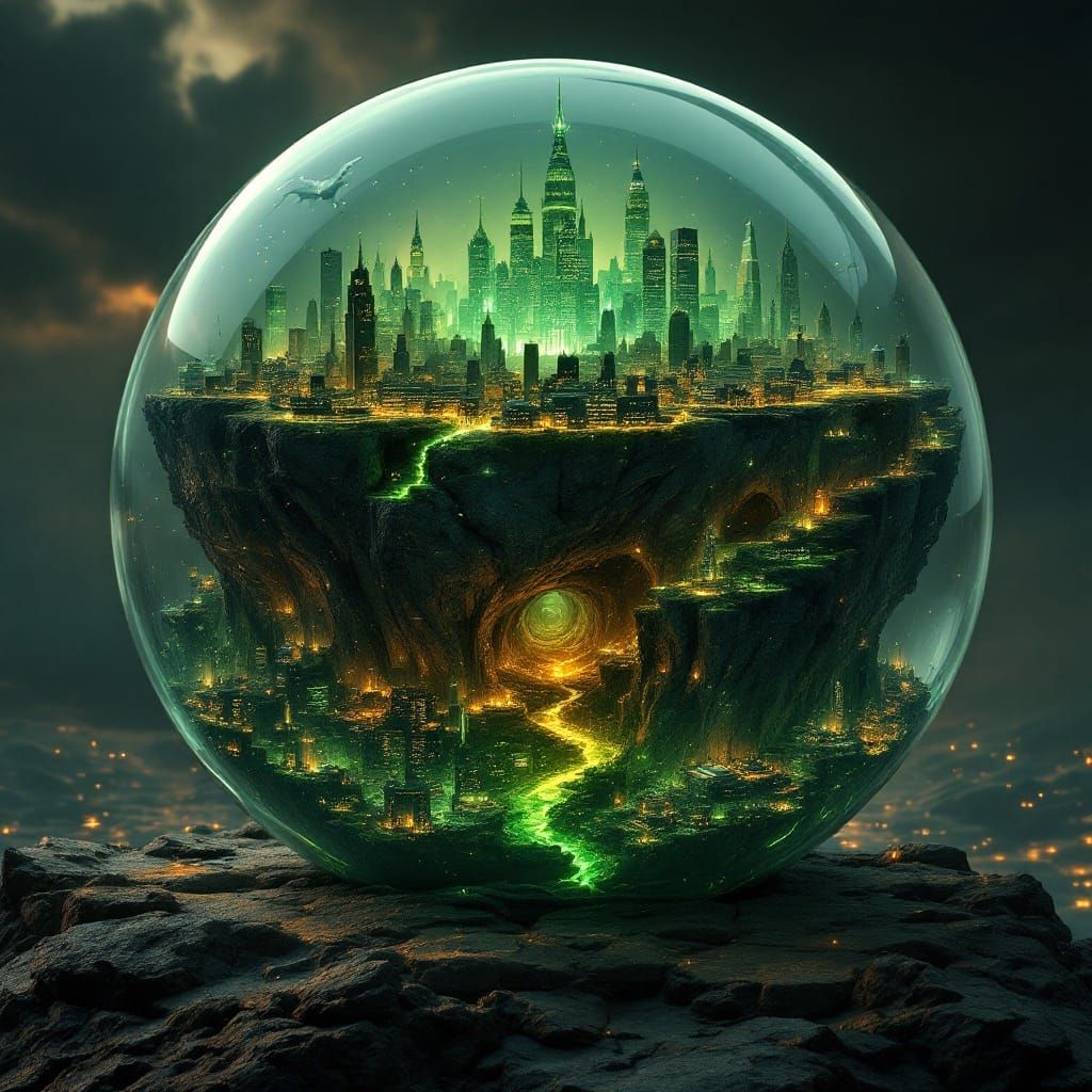 Vibrant Cityscapes Within a Smoked Glass Orb Masterpiece
