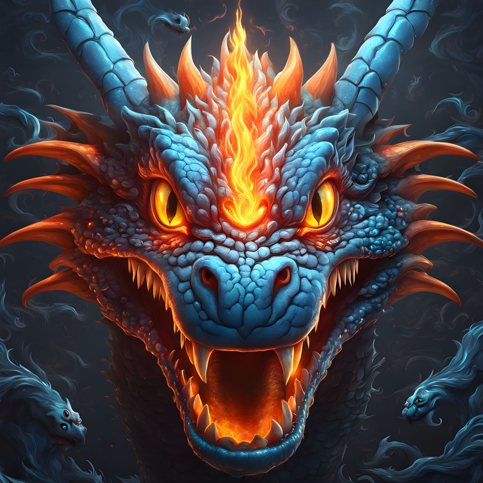 Surreal Cute Dragon Concept Art in Vibrant Blue and Red