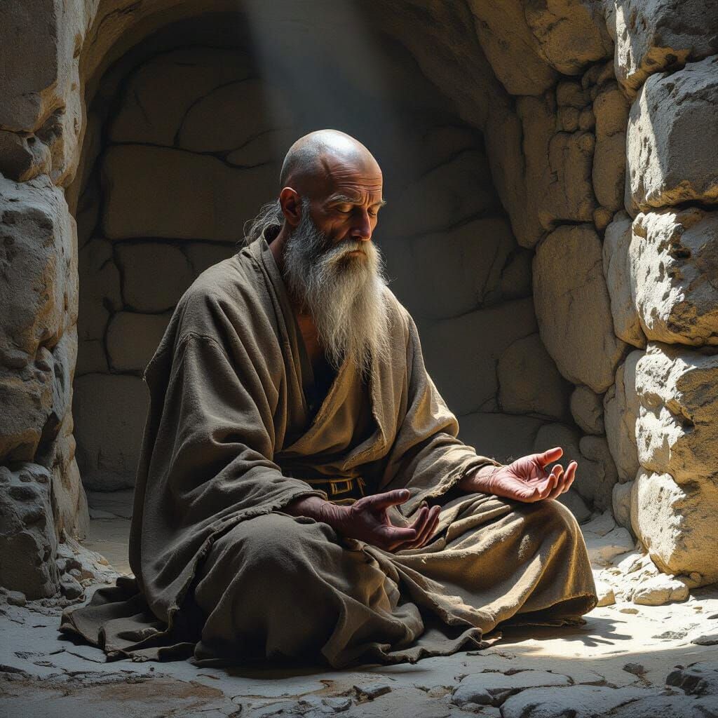 Ascetic Monk Meditating in Stone Cell at Dawn