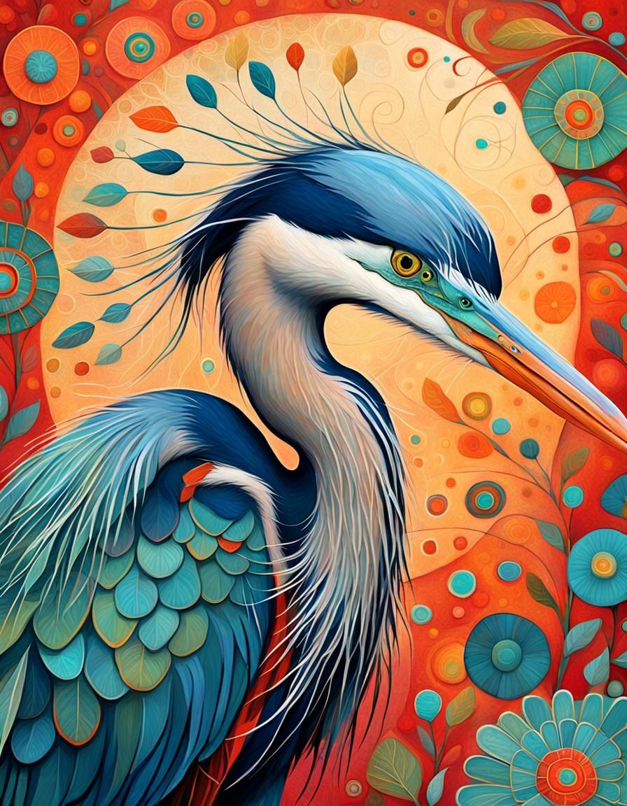 Happy Heron with Scarf in Whimsical Digital Art