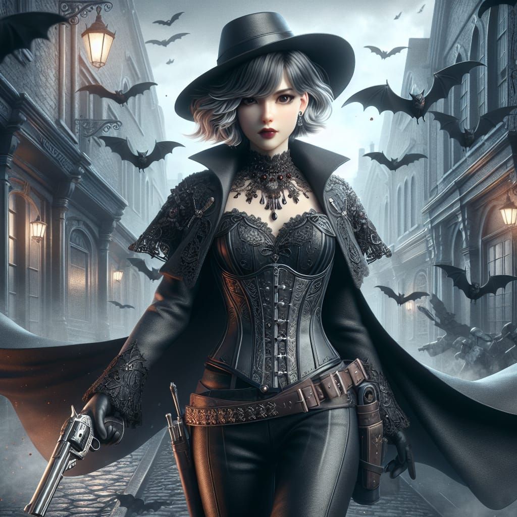 The image is of a female vampire gunslinger.  She has shoulder-length silver hair.  She is wearing a black leather corse...