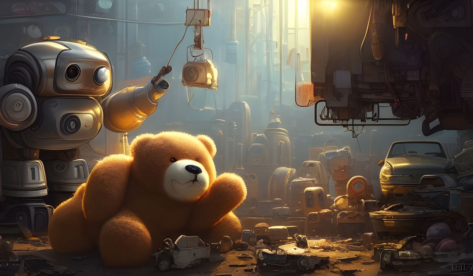 Charming Robot Inspects Teddy Bear: Matte Painting