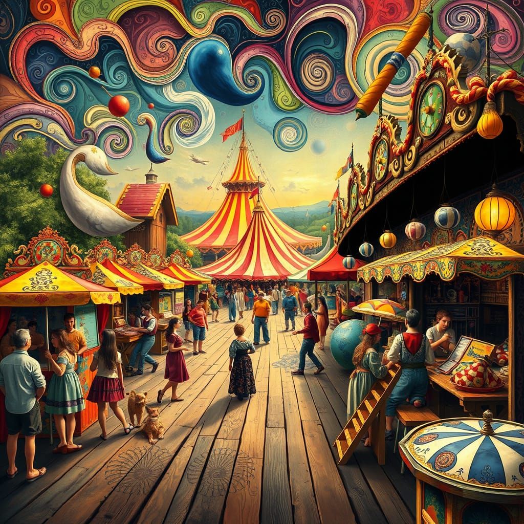 Vibrant Carnival Scene in Whimsical Fractal Landscape