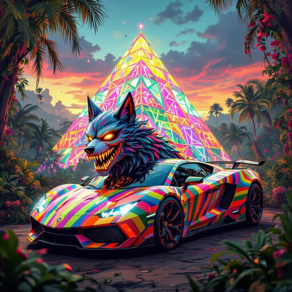 Nosferatu Wolf Hybrid at a Rave in Psychedelic Style