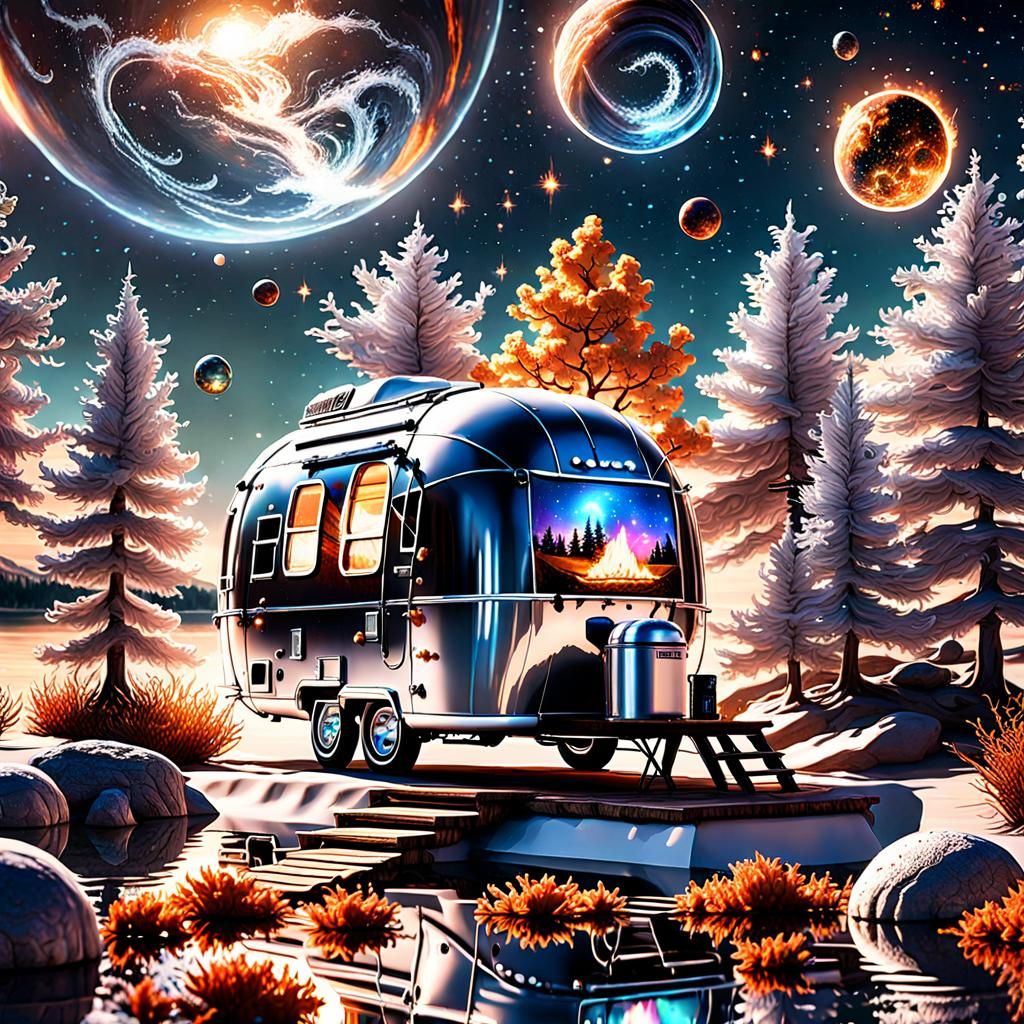 Sci-Fi Camping Scene with Space Trees and Planets