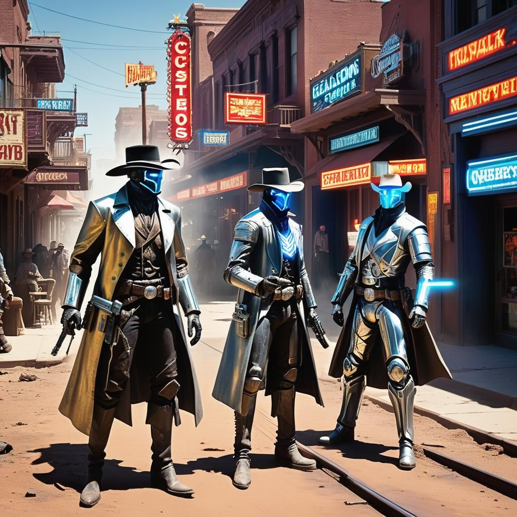 Cybernetic Cowboys Duel in Neon-Lit Old West Standoff