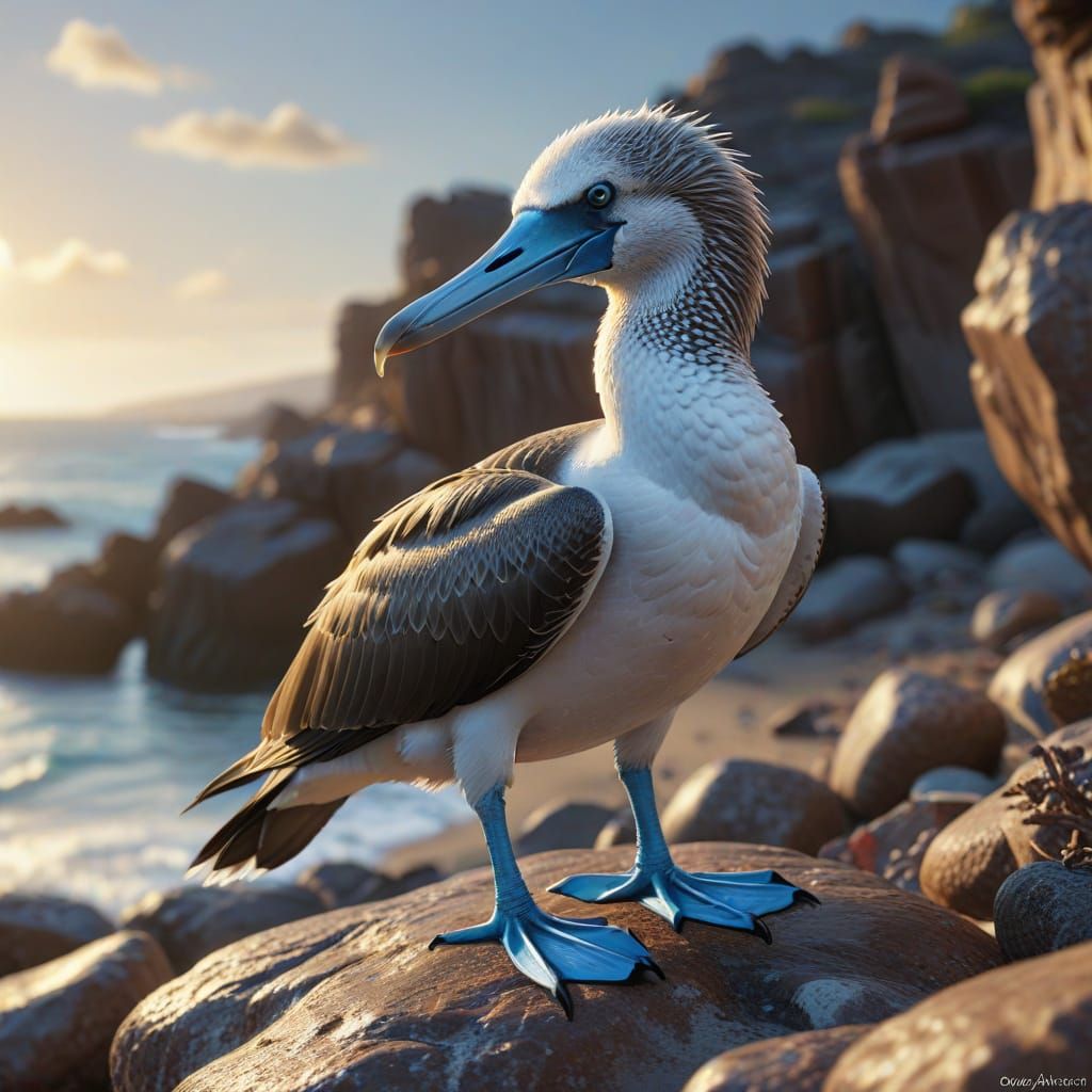 Elegant Blue-Footed Booby on Rocky Shore in Golden Hour Ligh...