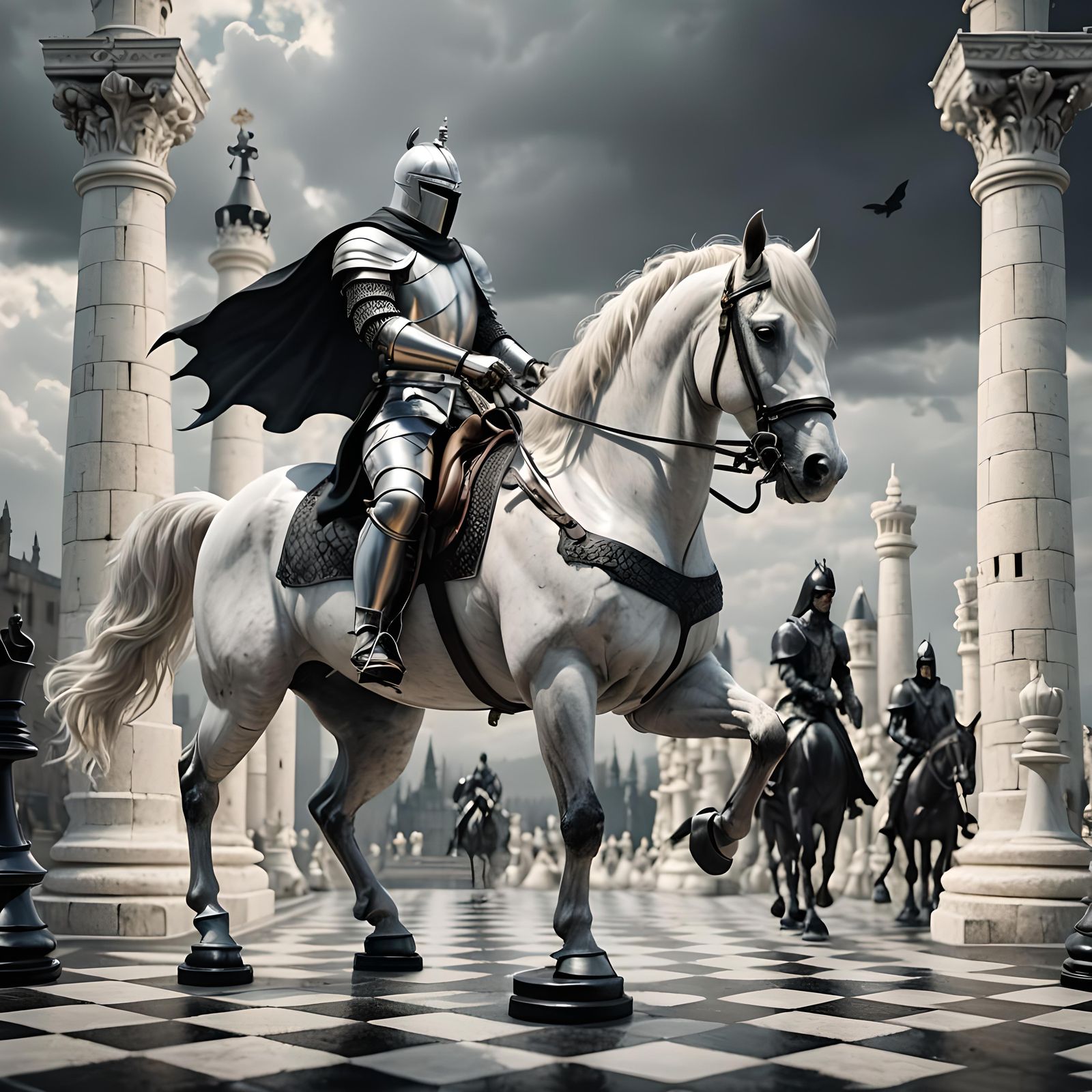 White Knight Captures King on Chessboard in 3D