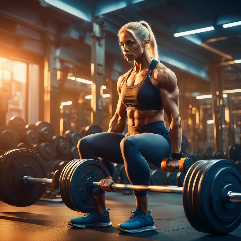 Blonde Woman Lifting Weights in Unreal Engine Style