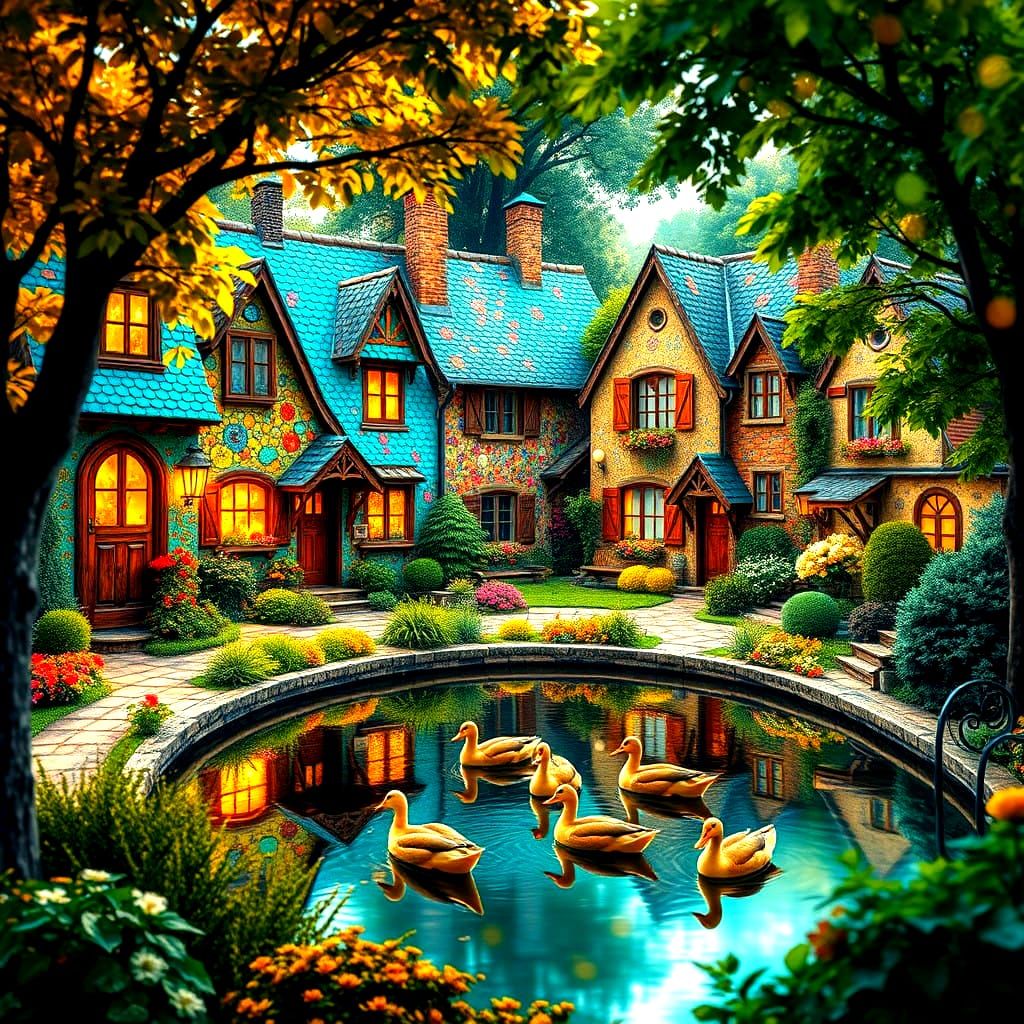 Vibrant Mosaic Village Scene with Cottages and Treelined Str...