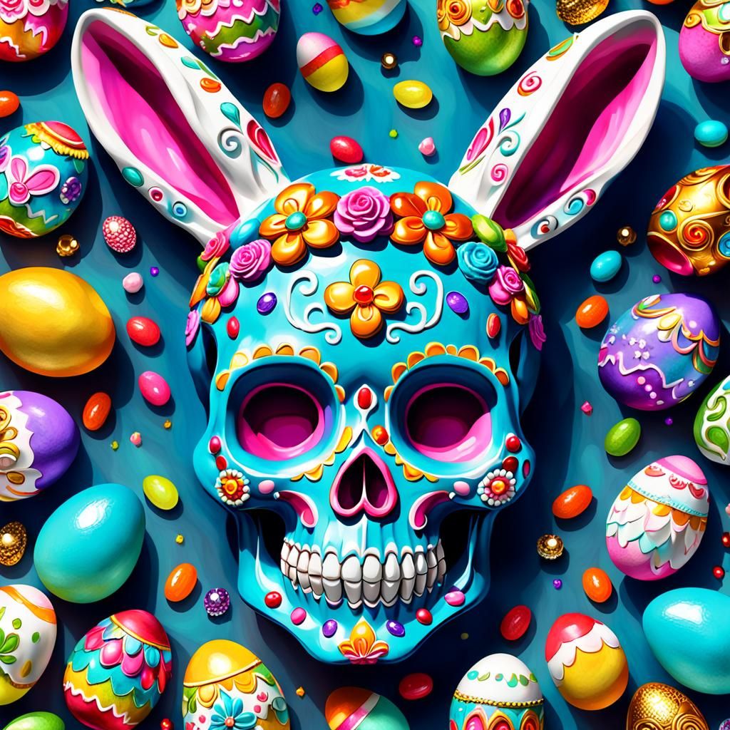 Porcelain Sugar Skull with Bunny Ears in Candy Art