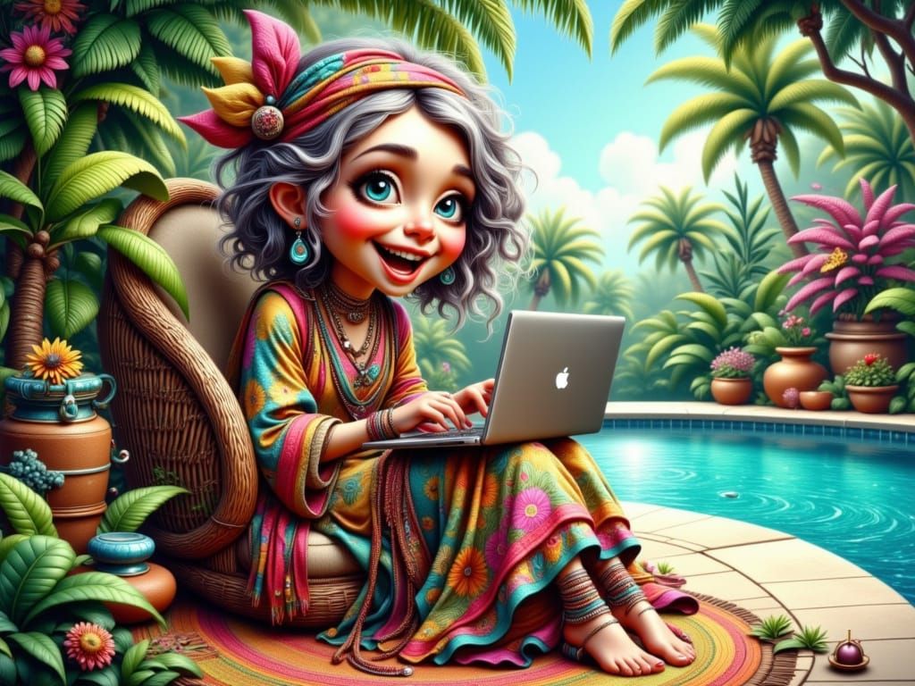 Eccentric Bohemian Hippie Woman by Turquoise Pool