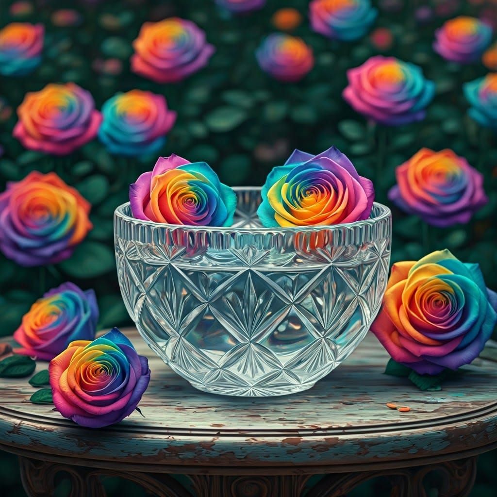 Crystal Roses in Whimsical Garden Scene