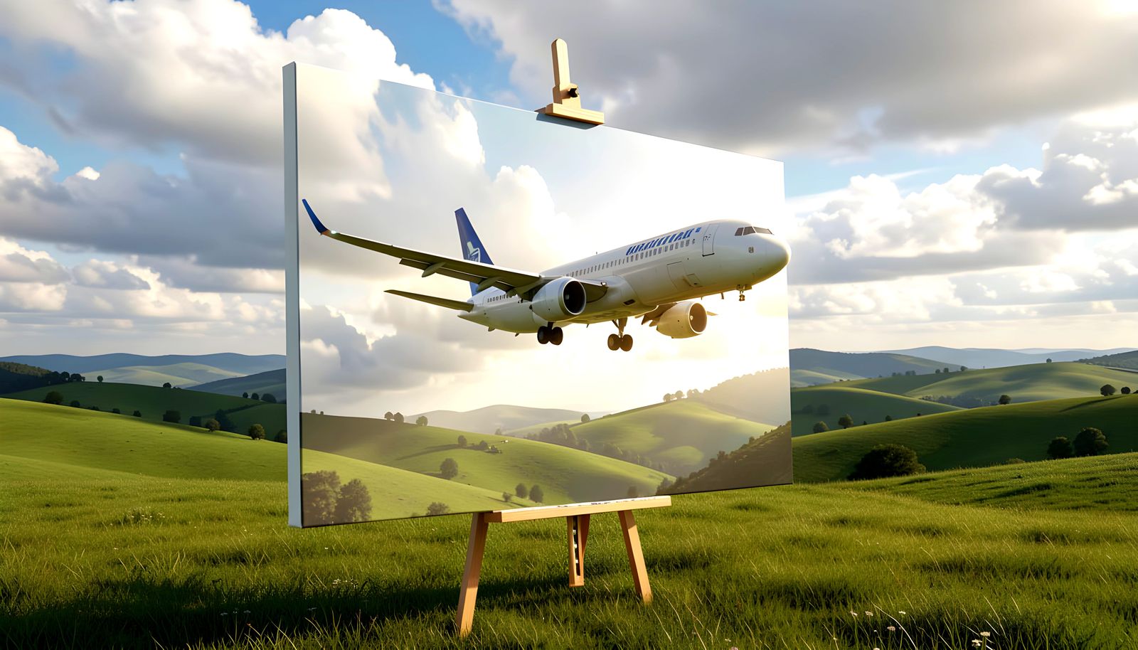 Airplane Emerging from Canvas in Flight Over Hills