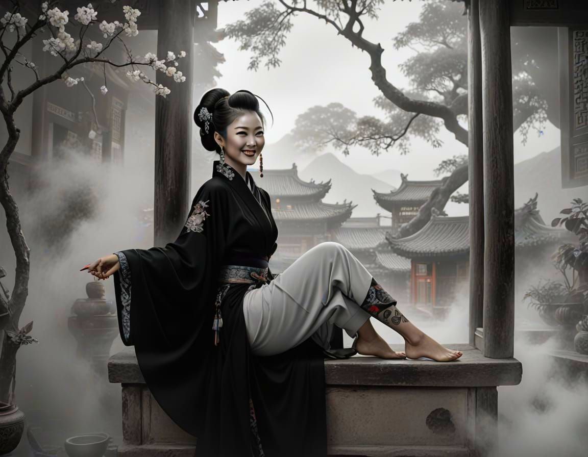 Smiling Gēnǚ in Traditional Chinese Setting