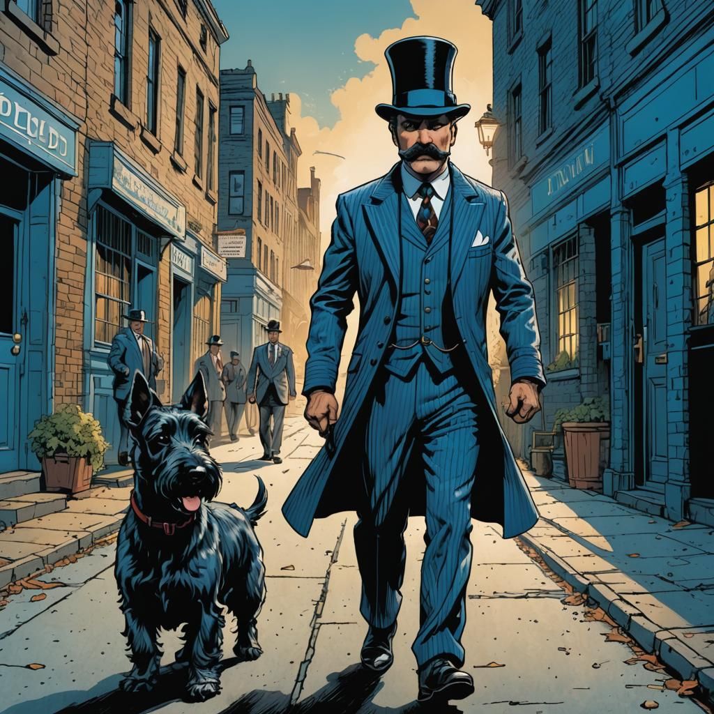 Scottish Terrier Walks with Banker: Comic Book Art