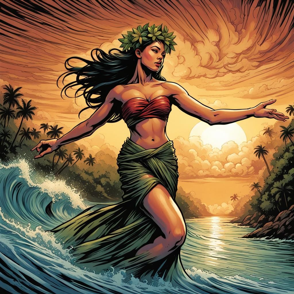 Dynamic Hula Dancer in Comic Book Style