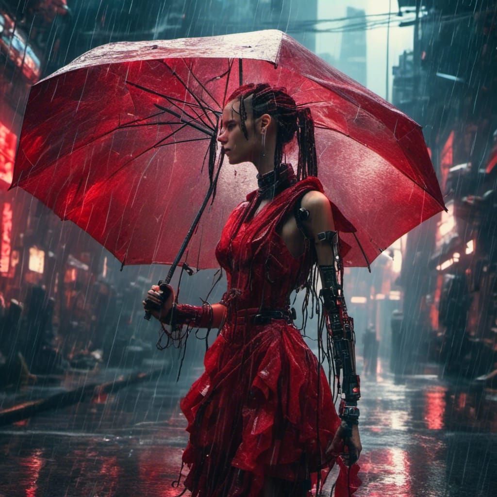 Cyborg Girl in Red Dress Plays in Rainy Cyberpunk