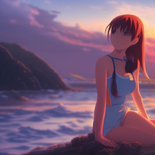 Anime Girl by Ocean: Studio Ghibli Style