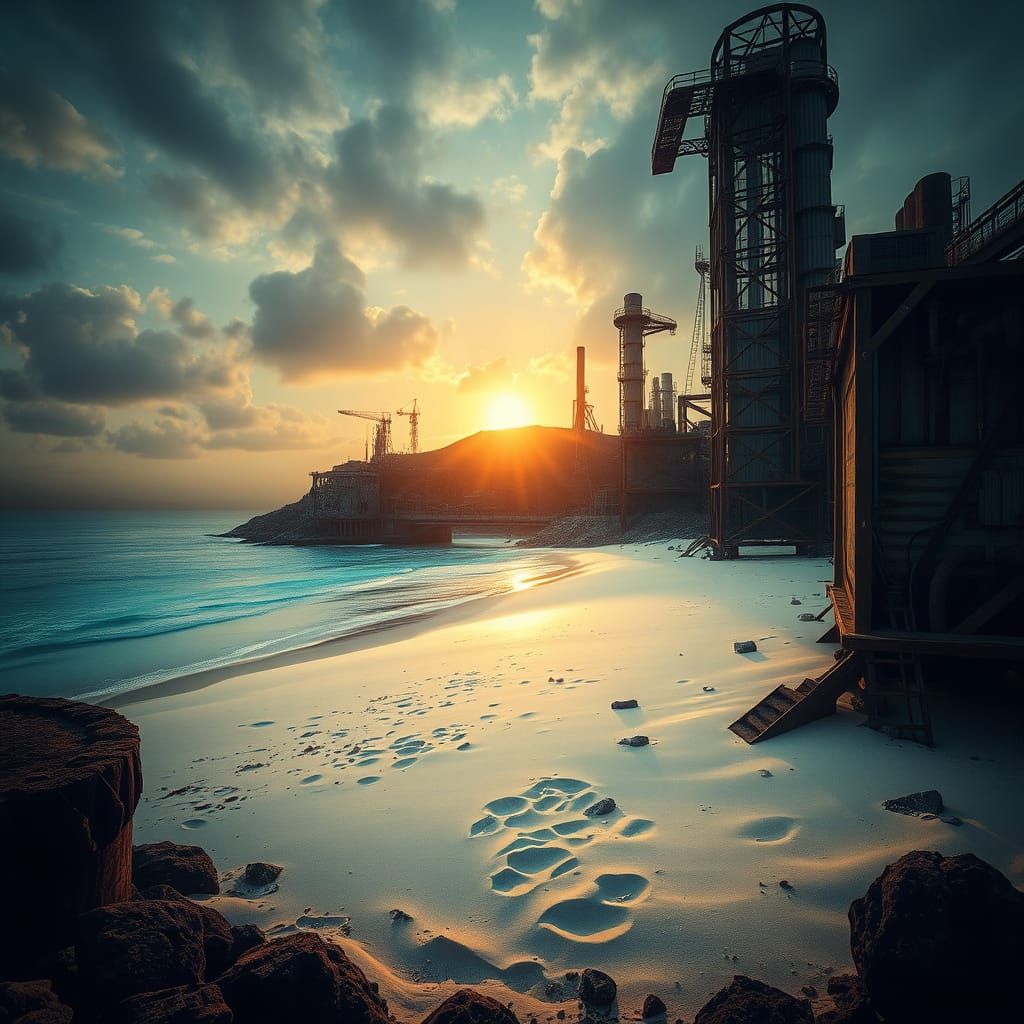 Dystopian Beach: Sunrise Over Industrial Wasteland