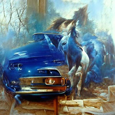 1968 Blue Mustang in Oil Painting Style