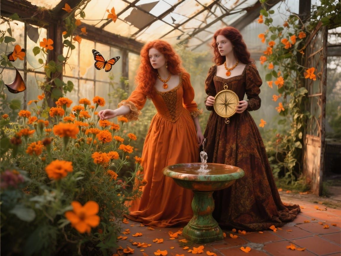 Victorian Sisters in an Ominous Greenhouse