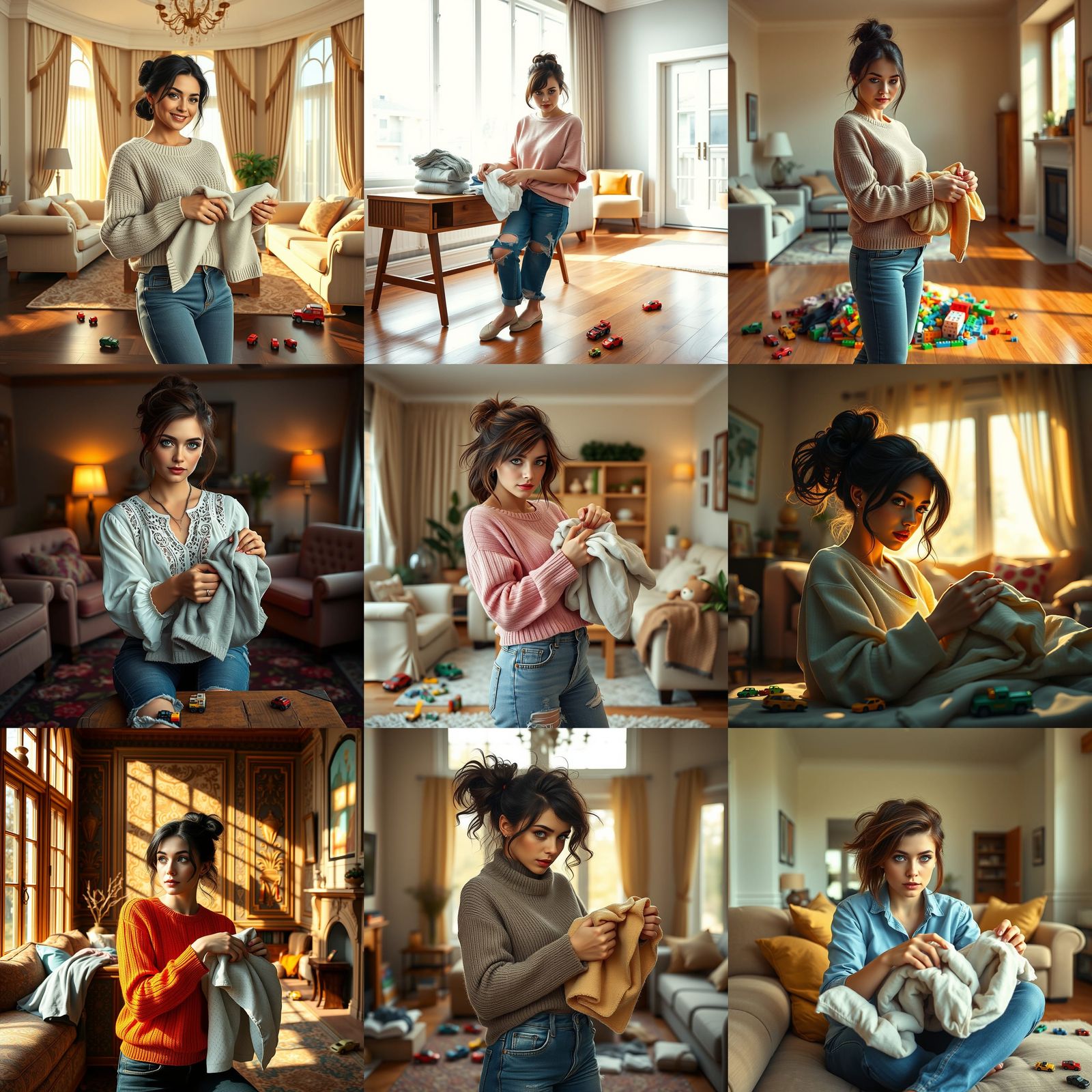 Green Eyed Woman Folding Laundry: Matte Painting