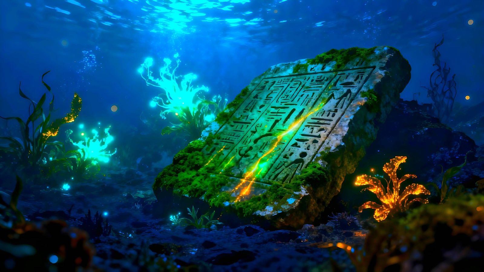 Ancient Tablet on Ocean Floor Illuminated by Bioluminescence