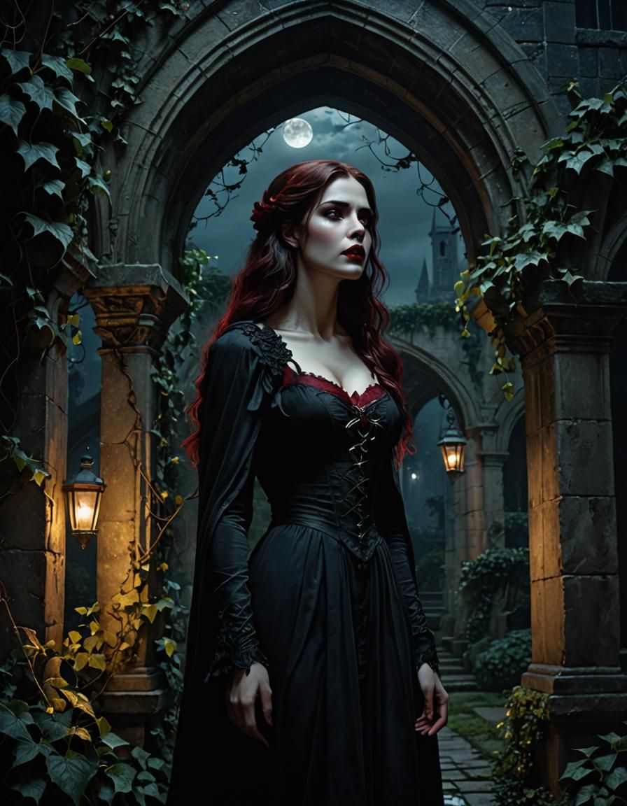 Vampire in Gothic Courtyard in Dark Romanticism Style