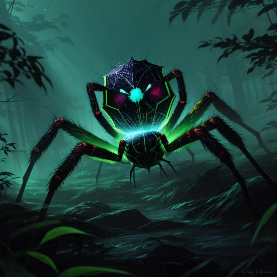 Fluorescent Spider Spinning Webs in Forest