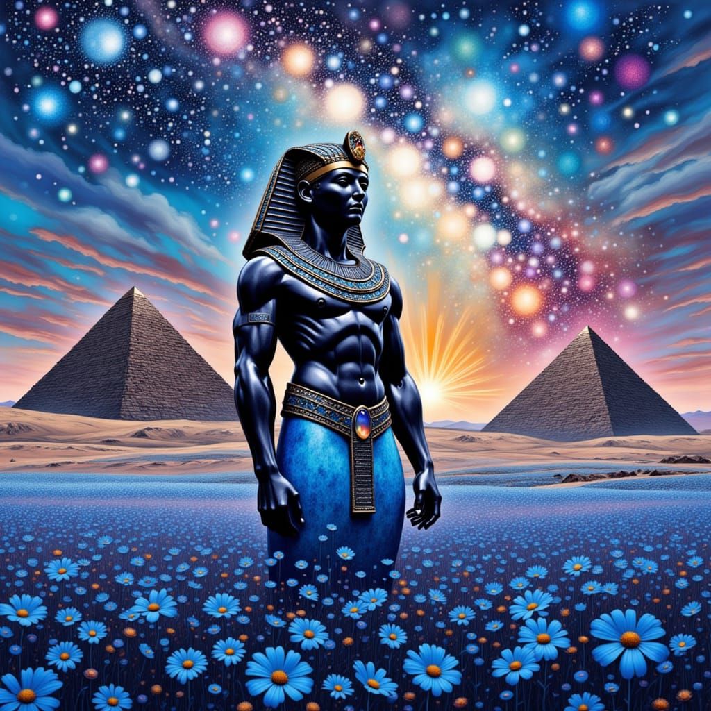 Obsidian God Statue Amidst Cosmic Daisies and Pyramids