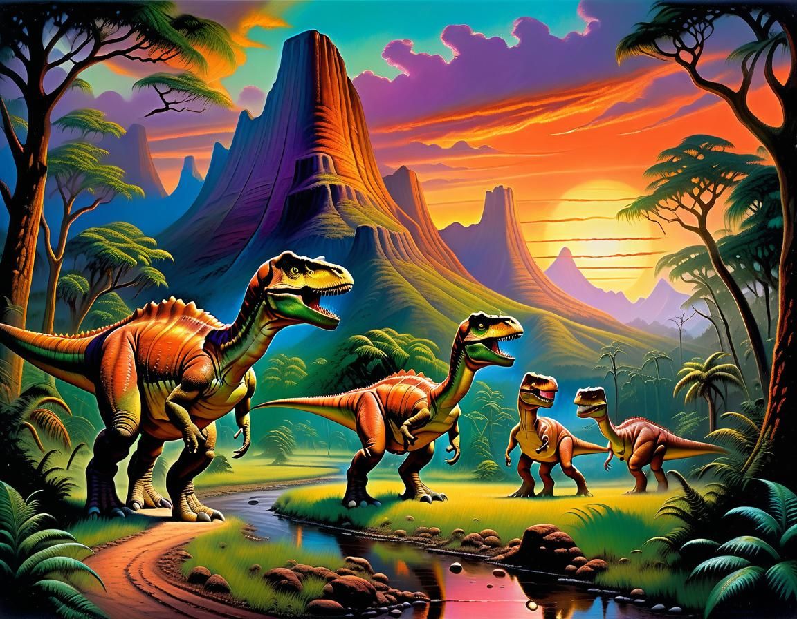 Dinosaur Family Roaming at Sunset in Oil