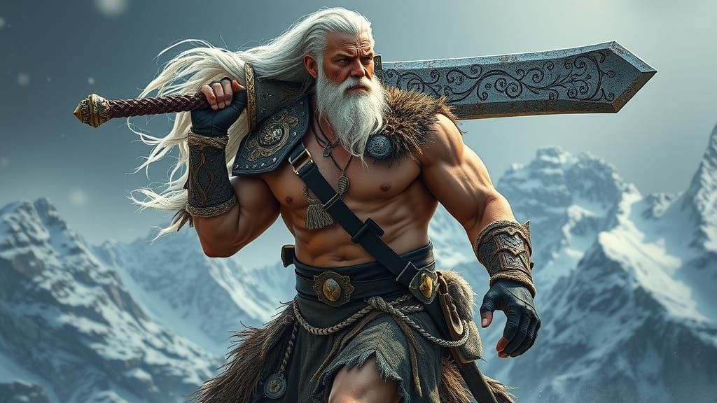 Powerful Barbarian Warrior in Furs and Leather Armor