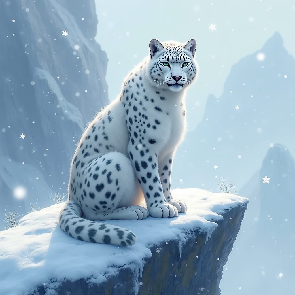 Majestic Snow Leopard in Ethereal Winter Landscape