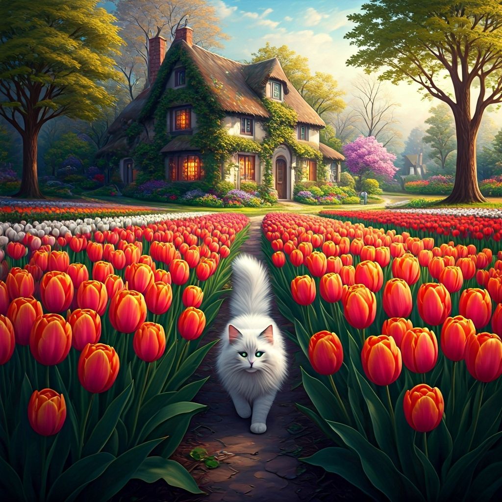 White Cat in a Vibrant Tulip Garden